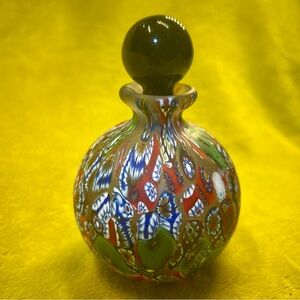 Vintage Murano Millefiori Glass Perfume Bottle, 5x3”, Black Cap, Colorful Art